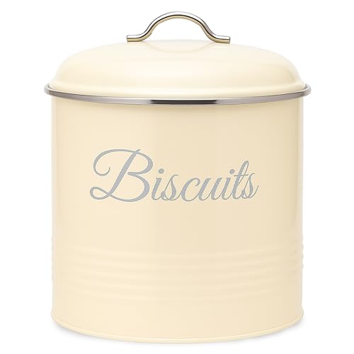 Innoteck Essentials Round Biscuit Tin Cream - Decorative Kitchen Food Storage - Easy to Open Canister - Airtight Lids and Handle - Storage Tin for Your Biscuit, Cookies and Other Sweet Treats