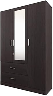 VIKI Wardrobe | Wooden Almirah for Clothes,Door for Bedroom, 3 Door Wardrobe with Drawer, Mirror & Hanging Space (Dark Wenge - 40D x 120W x 180H) | 1 Year Warranty | Free Assembly