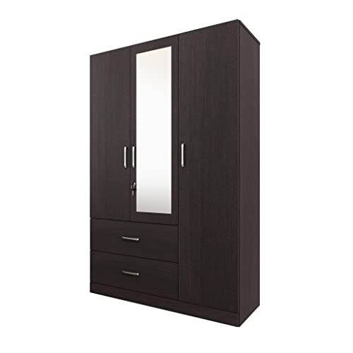 VIKI Wardrobe | Wooden Almirah for Clothes,Door for Bedroom, 3 Door Wardrobe with Drawer, Mirror & Hanging Space (Dark Wenge - 40D x 120W x 180H) | 1 Year Warranty | Free Assembly
