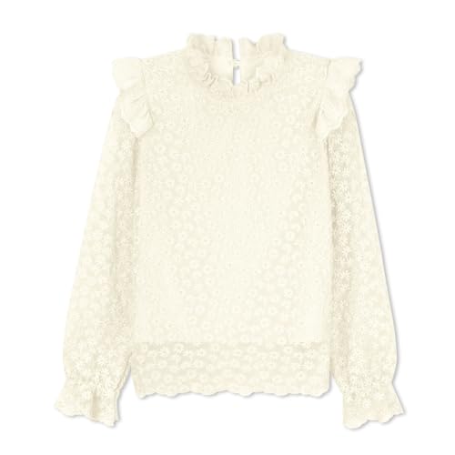 Girls Daisy Lace Blouse Ruffle Neck Long Sleeve Pure Cotton Shirt Size 5-12Y