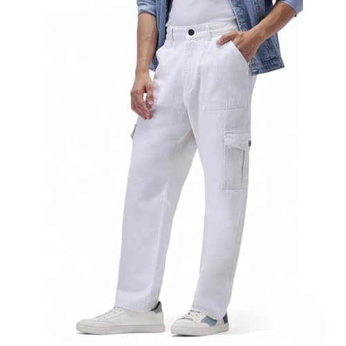 Image of Urbano Fashion Men's Loose Mid Rise Baggy Fit Cargo Jeans with 6 Pockets Non-Stretchable