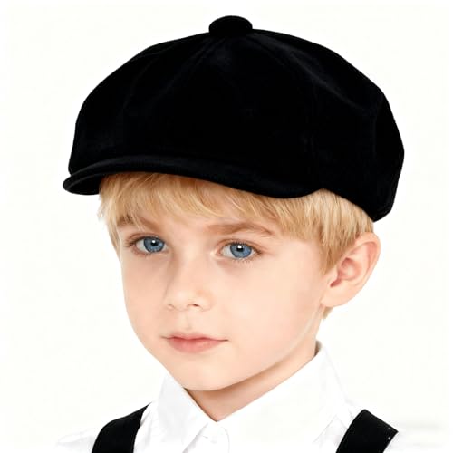 Classic Cotton 8 Panel Newsboy Cap Kids Cabbie Flat Tweed Hat for 5-9 Years Old Black