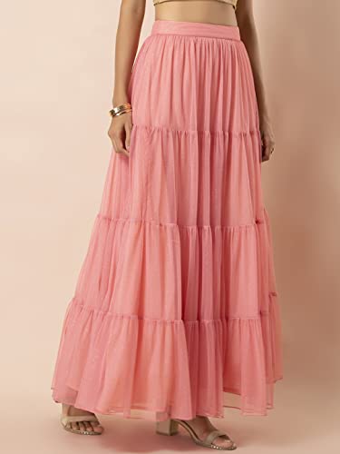 Women's Indian Ethnic Pink Mesh Glitter Lehenga Skirt #TOP2