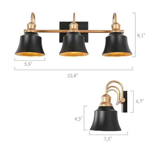 Image of KSANA Bathroom Light Fixtures, 3 Light Vanity Lighting Fixtures Over Mirror, Modern Farmhouse Vanity Lights for Bathroom, Bedroom, Matte Black and Dark Gold Finish