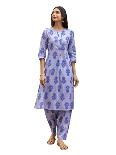 Image of FIORRA Women's Blue Cotton Flared Kurta Set