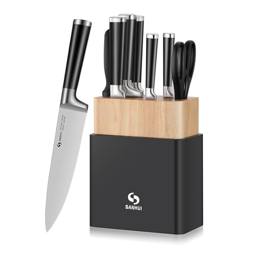 SANHUI 8 Piece Kitchen Knife Sets with Wooden Block,Premium High Carbon Stainless Steel Knife Block Set with Chef, Bread, Santoku, Carving, Utility, Kitchen Scissors and Sharpener