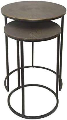 ASPECT Hiba Round Nest of 2, Sunburst Pattern Metal Table (Antique Bronze/Black), 38 Dia x 55(H) cm