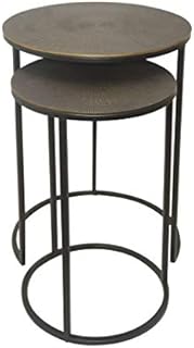 ASPECT Hiba Round Nest of 2, Sunburst Pattern Metal Table (Antique Bronze/Black), 38 Dia x 55(H) cm