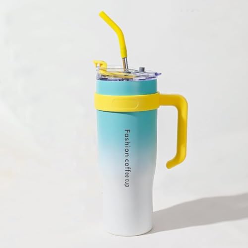 Image of MOOKA 1200ML Stainless Steel Tumbler Hot and Cold with Handle and Lid 2 Straw, Double Insulated Cup 100% Leak Proof Mug Cupholder for Gym, Travelling (Blue White)