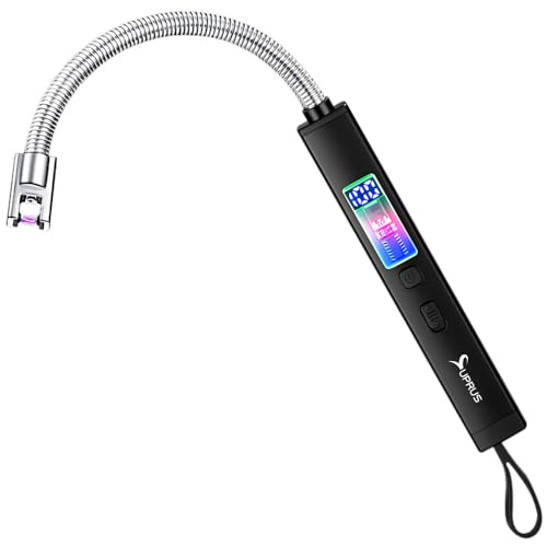 SUPRUS Electric Candle Lighter Windproof Rechargeable USB-C with Digital Battery Display Ambient Lighting Safety Switch 360° Flexible Neck Flameless Plasma