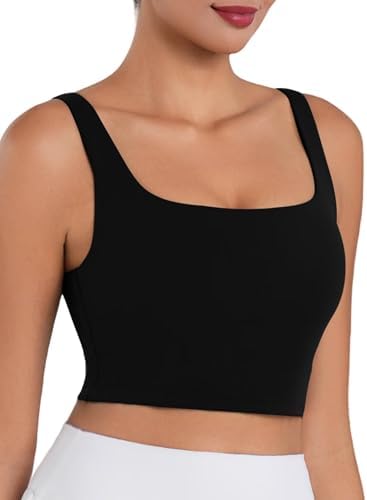 Sunzfly Women Longline Sports Bra Buttery Soft Built in Bra Square Neck Crop Tank Tops for Yoga Pilates Workout Gym Black
