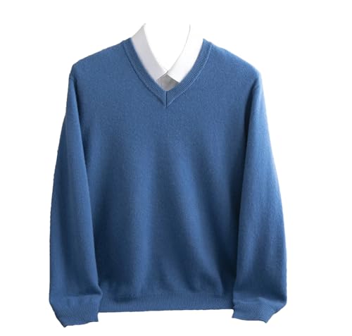 Men Merino Wool Sweater V-Neck Pullover Autumn Winter Cashmere Warm Solid Knitwear Business Bottoming Tops Blue