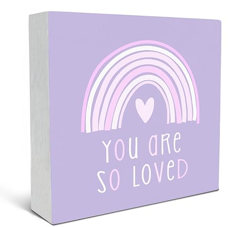 Image of SRADMO You Are So Loved Rainbow Heart Wood Box Sign Desk Decor, Purple Kids Inspirational Quotes Wooden Block Box Sign Decoration for Kids Room Nursery Playroom Shelf Table Decorative Accessories
