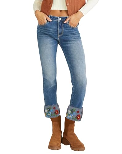 Embroidered Jeans for Women Floral Crop Straight Leg Cuffed Stretch Jeans Mid Rise Skinny Denim Pants Light Blue