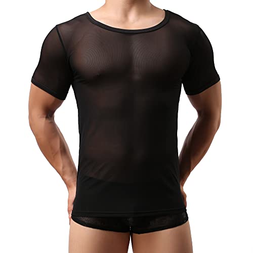 Crongless Herren Transparent T Shirt ,Sexy Netzshirt Glatt Gaze Slim Fit Tops Reizwäsche Schwarz S M L (L)