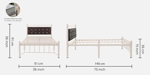 Image of Zuno Metal Extra Single Size Bed Without Storage | Wrought Iron Single Bed with Headboard & Footboard| Sturdy Powder Coated Platform Cot for Bedroom (Zuno Ivory)