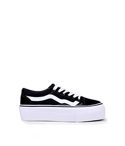 BOSANOVA Zapatillas confeccionadas en Material Textil con Detalles y Puntadas a Contraste. Suela Lisa de Plataforma de 4'5 cm. Cierre con Cordones. Calzado para Mujer Negro 38