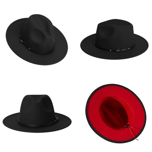 Image of jingsha Fedora Hats for Men & Women Wide Brim Fedora Felt Panama Hat Men's Dress Hats with Belt Buckle