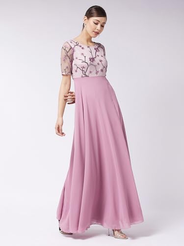 Image of Miss Chase Women's Round Neck Sleeve Embellished Fit Flare Maxi Dress