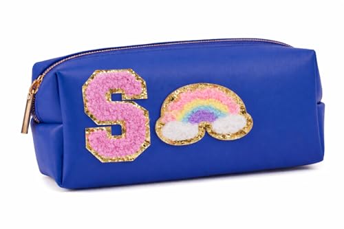 Image of AICA Gifts Personalized Leather Pencil Pouch (RoyalBlue) with Embroidered Alphabet & Patch | Pencil Pouch for Kids | Birthday Gift | Birthday Return Gift |Gift for Kids Age 6-10
