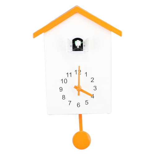 Natudeco Cuckoo Clock Cuckoo Wall Clock Wooden Pendulum Quartz Wall Clock Cuckoo Bird Voices Call Bird House for Office Living Room (Orange Roof)