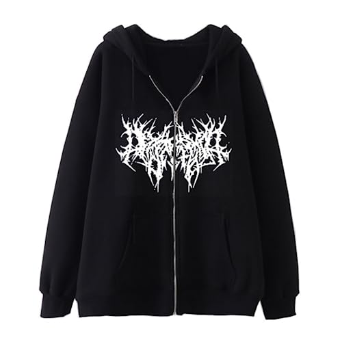 Aobiono Women Men Y2K Zip Up Hoodie Oversized Gothic Emo Grunge