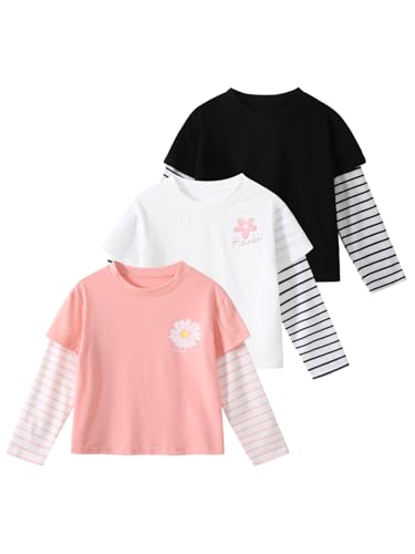 Fdqin Girls Long Sleeve Graphic Tops 3 Packs Stripe Shirt