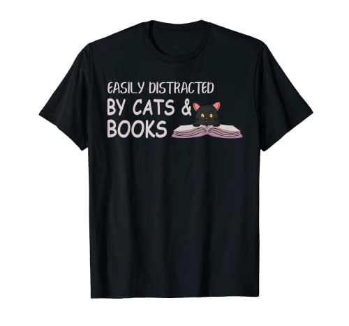 Gatos y libros fácilmente distraídos divertidos amantes del libro de gatos Camiseta