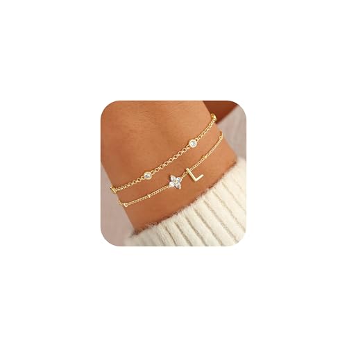 M MOOHAM Friendship Bracelets for Women - 14K Gold Plated Letter L Bracelet for Women, Layered Link Charm Initial Bracelets, Womens Best Friend Birthday Friendship Gifts Personalized Jewelry Gift