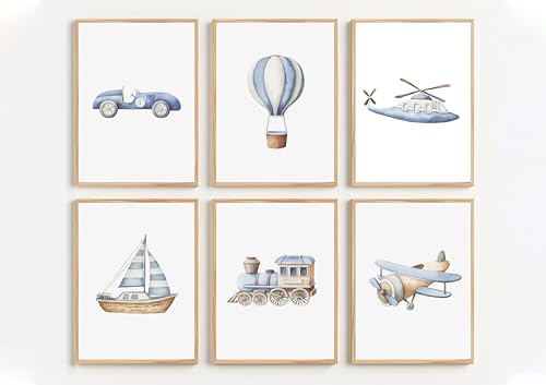 Image of 6 Pcs Boys Nursery Canvas Wall Art Blue Car Train Ship Hot Air Balloon Transportation Toddler Painting Picture Wall Decor Poster Print Artwork for Playroom Baby Boy Room Kids Room Unframed