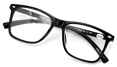 V.W.E. Men Premium Reading Glasses TR90 with Extended Temple - Clear Lens Reader - Spring Hinge Temple (Black, 1.50, diopters)