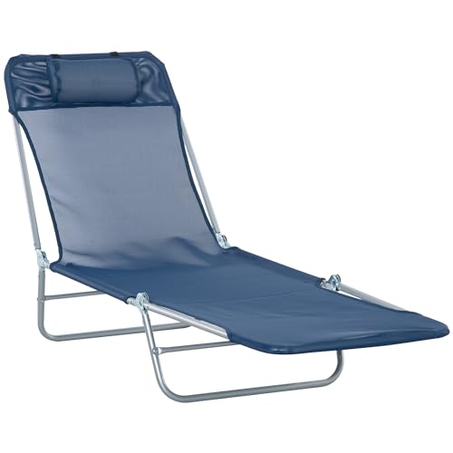 Tumbona plegable para exterior Outsunny, tumbona reclinable para jardín con respaldo ajustable y almohada para la cabeza, azul oscuro