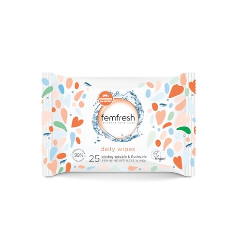 Femfresh Intimate Wipes, Flushable & Biodegradable Feminine Wipes with Aloe Vera & Calendula, pH Balanced & Hypoallergenic, 25 Count
