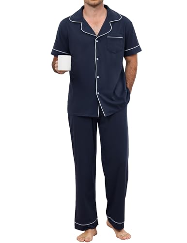Catálogo para Comprar On-line Pijamas de una pieza para Hombre los preferidos por los clientes. 49 GAESHOW Pijama para Hombre Algodon Conjunto de Pijamas Hombre Manga Corta con Botones y Pantalones Ropa de Dormir 2 Piezas Azul Marino Chico