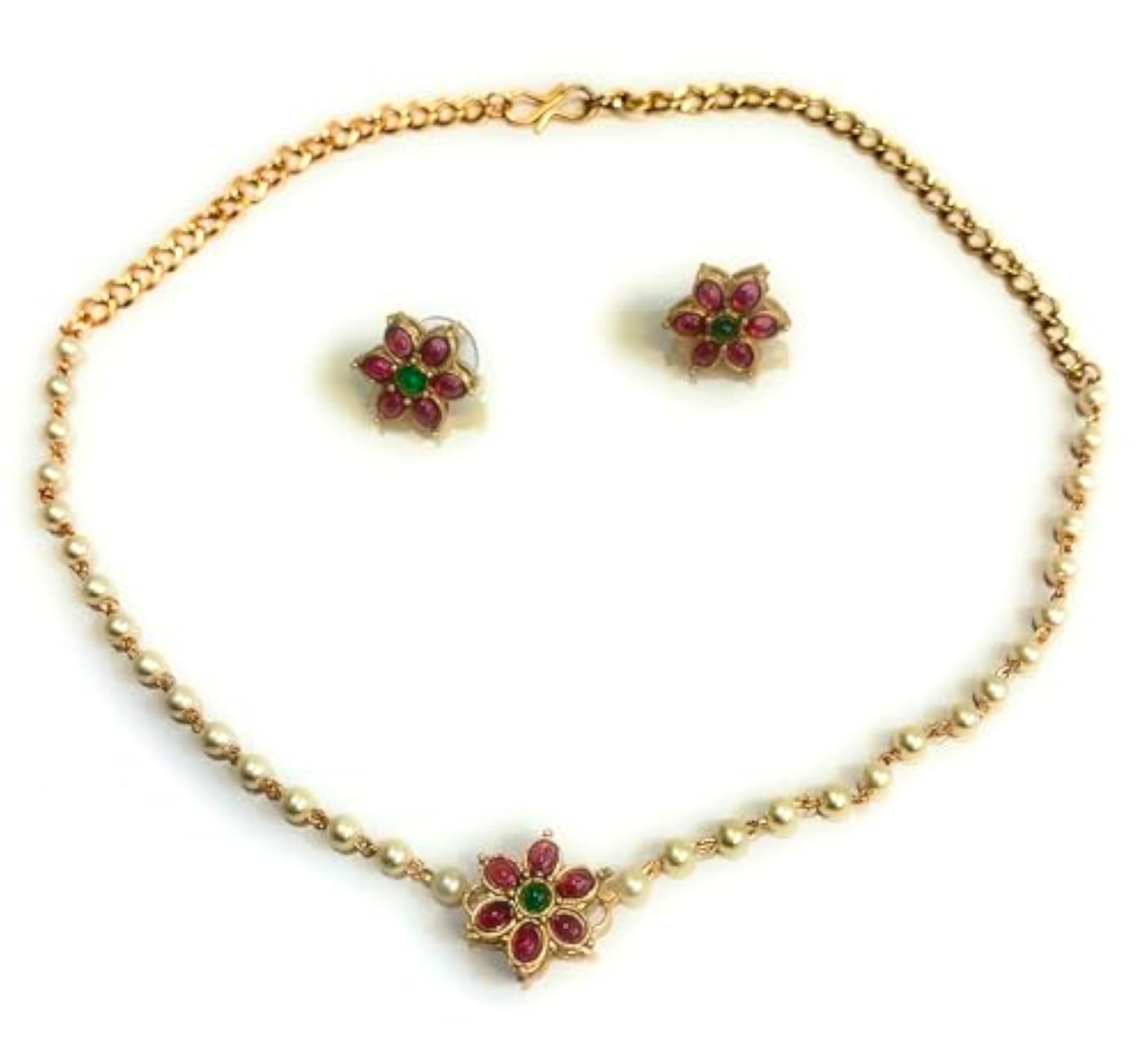 Women's Ruby Choker Pendant Necklace Set with Beaded Antique Design