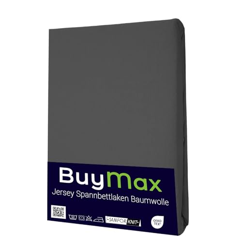 Buymax Spannbettlaken 200x200cm Baumwolle 100% Spannbetttuch Bettlaken Jersey Matratzenhöhe bis 25 cm Farbe Anthrazit