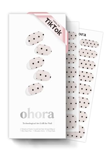 Image of ohora Semi Cured Gel Nail Strips (N Polka Noir) - Works with Any Lamps, Salon-Quality, Long Lasting, Easy to Apply & Remove - Includes 2 Prep Pads, Nail File & Wooden Stick