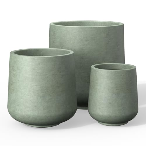 Image of Kante Set of 3 Mint Green Concrete Curved Planters 16.5 inch 13 inch 9.4 inch Dia | Drainage for Outdoor, Rubber Plug for Indoor Home, All-Weather Cement Pot, Handcraft, Lightweight & Durable, Anti-UV, Round