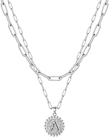 Silver Layered Necklaces for Women, 14K White Gold Plated Layering Necklaces Paperclip Chain Choker Necklace Layered Necklaces for Women A Pendant Coin Initial Necklaces Silver Necklaces for Women