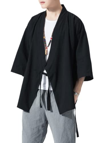 Image of Men's Japanese Kimono Cardigan Loose Cotton Linen 3 /4 Sleeve Open Front Casual Summer Shirt Jackets