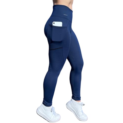 Calça Legging Suplex Poliamida Com Bolso Lateral Corrida (BR, Alfa, M, Regular, Regular, Azul Marinho)