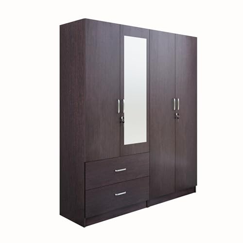Image of VIKI Wardrobe |Wooden Almirah for 4 Door 2 Drawer with Shelves & Hanging Space Mirror Wardrobe (Dark Wenge - 40D x 160W x 180.8H) | 1 Year Warranty | Free Assembly