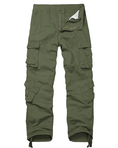 CARPANT Mens Army Green Cotton Casual Pants Baggy Tactical Military Travel Outdoor Wild Cargo Work Trousers 9 Pockets Size 34