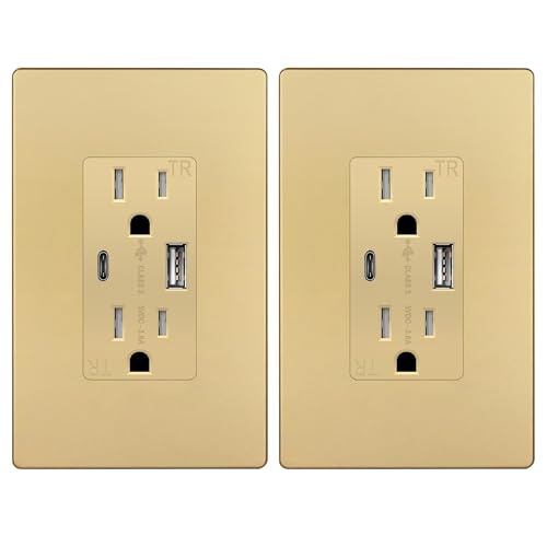 TOPGREENER USB Outlet 4.2A Type C & Type A Wall Outlet 15 Amp Tamper Resistant Receptacle Plug Screwless Wall Plate Included UL Listed TU21536AC-GDWSI-2PCS Gold 2 Pack