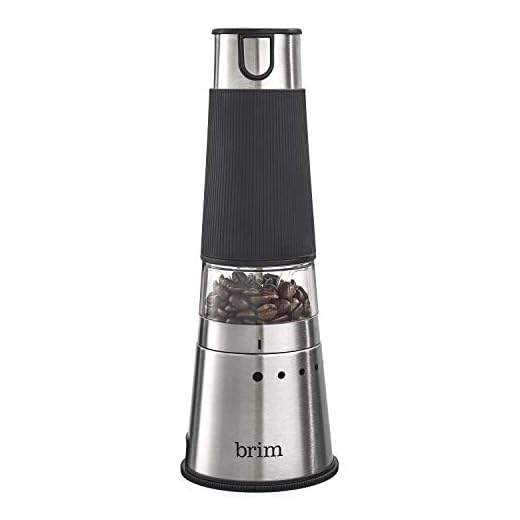 Brim Electric Handheld Burr Coffee Grinder, Simple One-Touch Operation, 9 Precise Grind Settings from Espresso to French Press, Removable 30g Ground Container for Easy Clean Up, Stainless Steel/Black