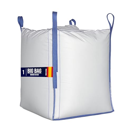 Saco Big Bag 1000kg con boca de vaciado y asas reforzadas 90x90x120cm, sacos para escombros, bolsa jardin, obra, almacenaje y transporte de materiales pesados, resistente, reutilizable y duradero.