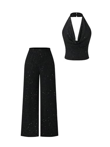Verdusa Women's 2 Piece Sparkly Outfits Drape Neck Backless Crop Halter Tops with Wide Leg Pants Black Small