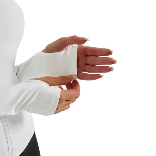 Sport Jacket - long sleeve top full zipper t-shirt with side pockets and thumb hole for women (White, L)