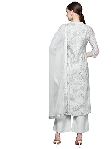 Image of ZIYAA Women's Grey Chanderi A-Line Kurta Palazzo And Dupatta Set(ZISKDCH3930)