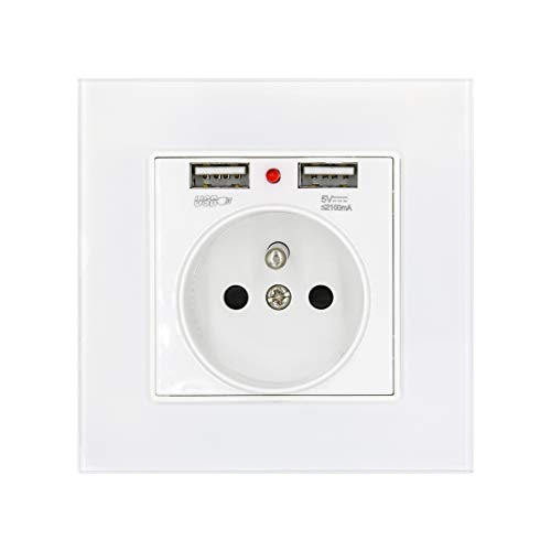 BSEED Panneau En Verre De Prise Avec Alimentation De Charge Usb 2.1a Avec Accessoires De Prises Murales 16a 250v 1 Fach Cover